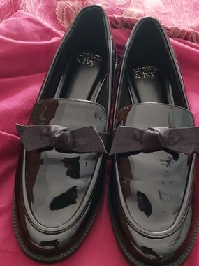 crown & ivy Black Patent Bow Loafers